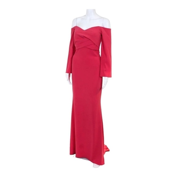 BADGLEY MISCHKA Coral Pink Off the Shoulder Bell Sleeve Maxi Gown Size 2 NWT - Picture 3 of 7